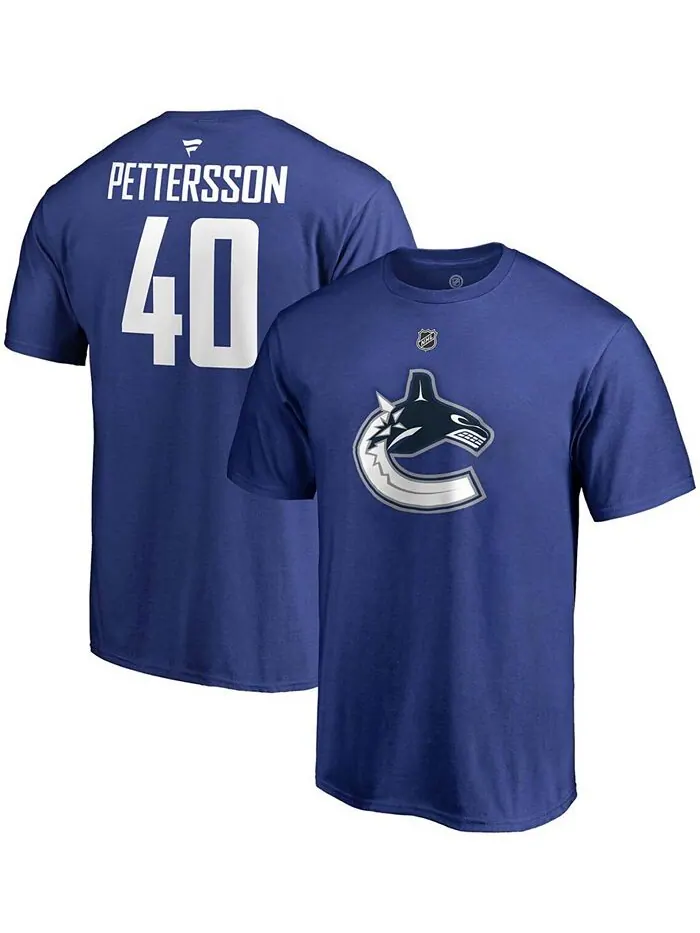 Мужская синяя футболка Elias Pettersson Vancouver Canucks Team с аутентичным именем и номером Stack — изображение 1 из 3