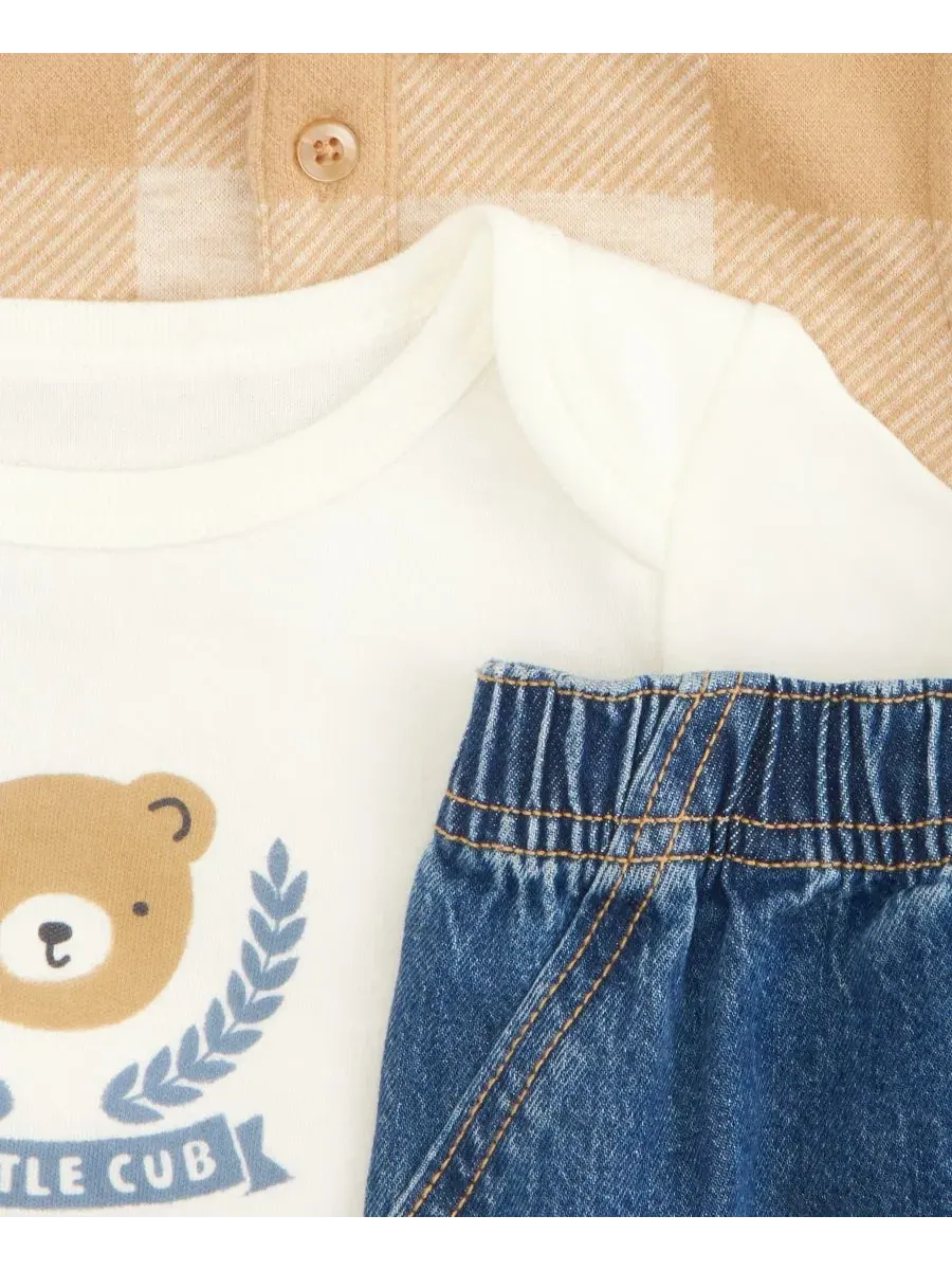 Комплект из 3 предметов: фланелевая рубашка, боди и карго-брюки, Little Cub First Impressions — изображение 2 из 3