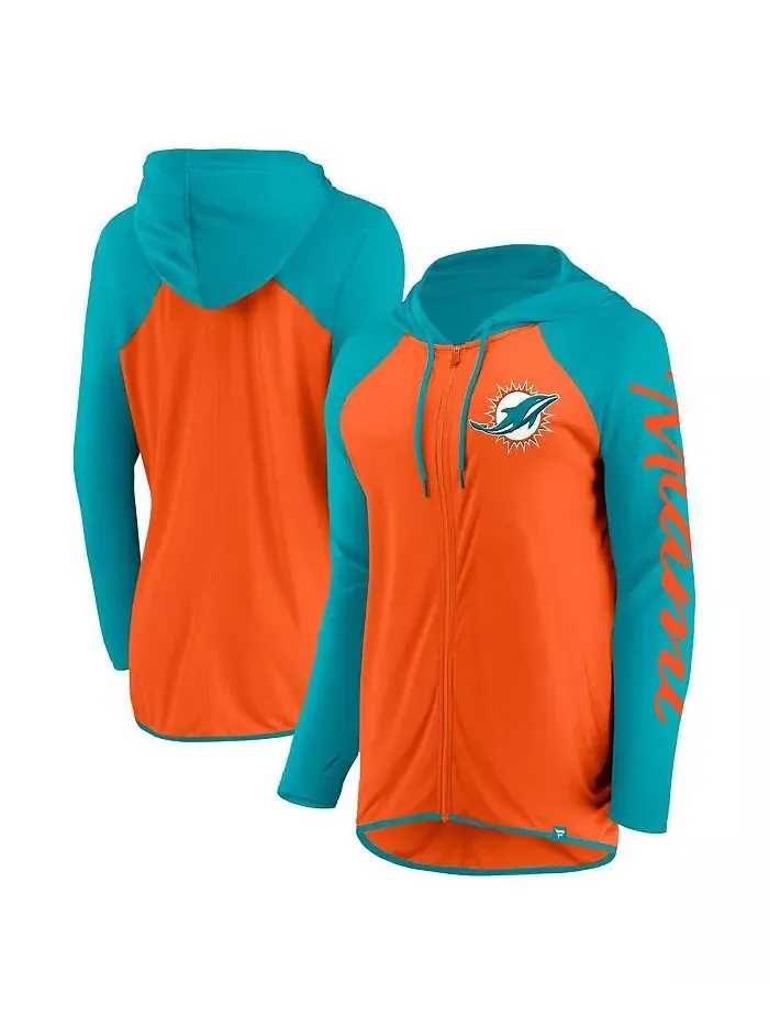 Женская толстовка с капюшоном на молнии с надписью Miami Dolphins Script цвета оранжевый/голубой — изображение 1 из 3
