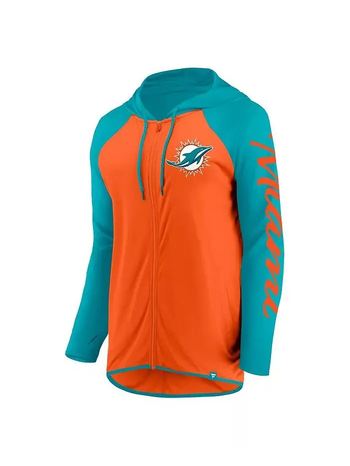 Женская толстовка с капюшоном на молнии с надписью Miami Dolphins Script цвета оранжевый/голубой — изображение 2 из 3