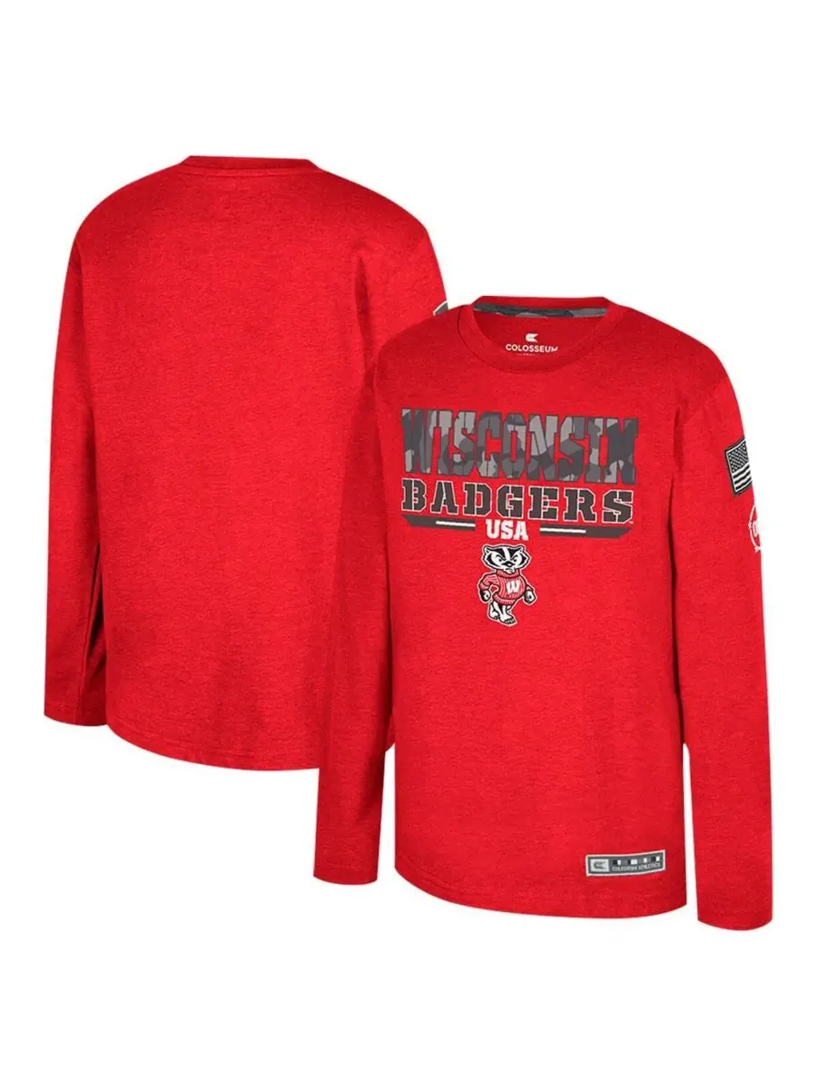 Colosseum Футболка с длинным рукавом Big Boys and Girls Heather Red Wisconsin Badgers OHT Military — изображение 1 из 3