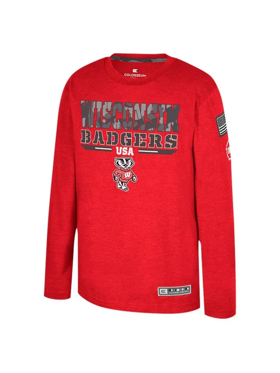 Colosseum Футболка с длинным рукавом Big Boys and Girls Heather Red Wisconsin Badgers OHT Military — изображение 3 из 3