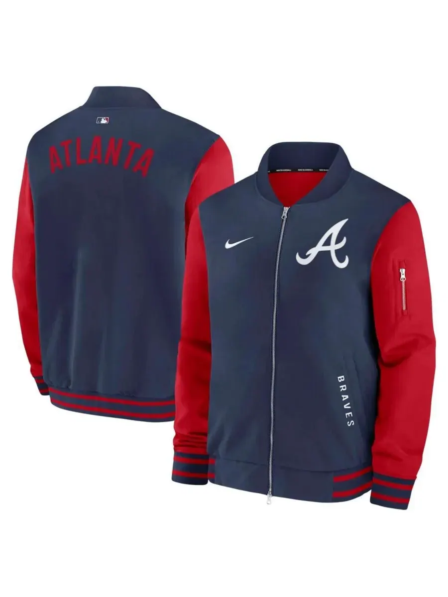 Nike Мужская темно-синяя/красная куртка-бомбер Atlanta Braves Authentic Collection Dugout на молнии — изображение 1 из 3