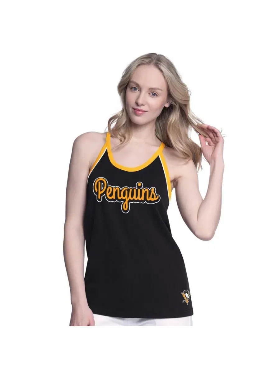 Женская черная майка-борцовка Pittsburgh Penguins Curveball с вырезом-лодочкой и фактурной тканью — изображение 1 из 2