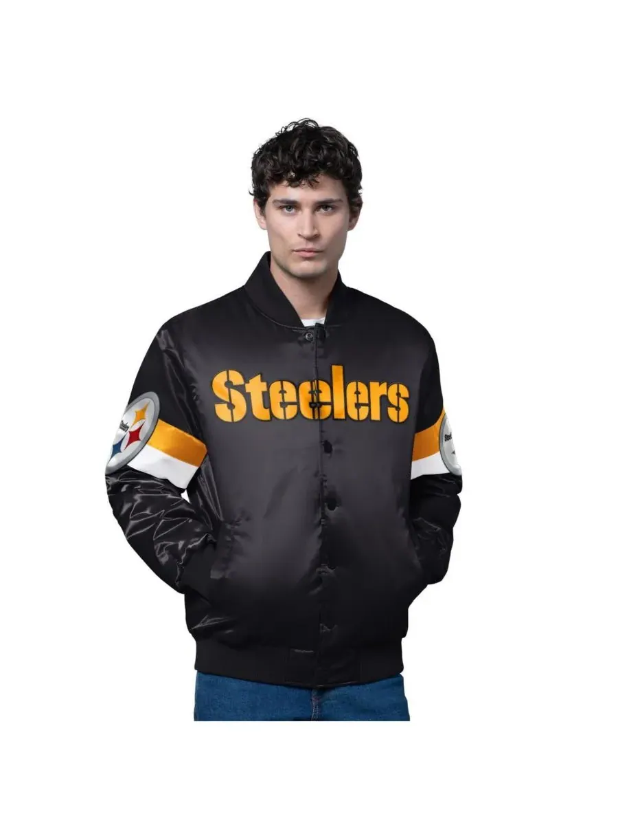 Starter Мужская черная атласная куртка Pittsburgh Steelers Triple Option с застежкой на кнопках — изображение 1 из 2, черный