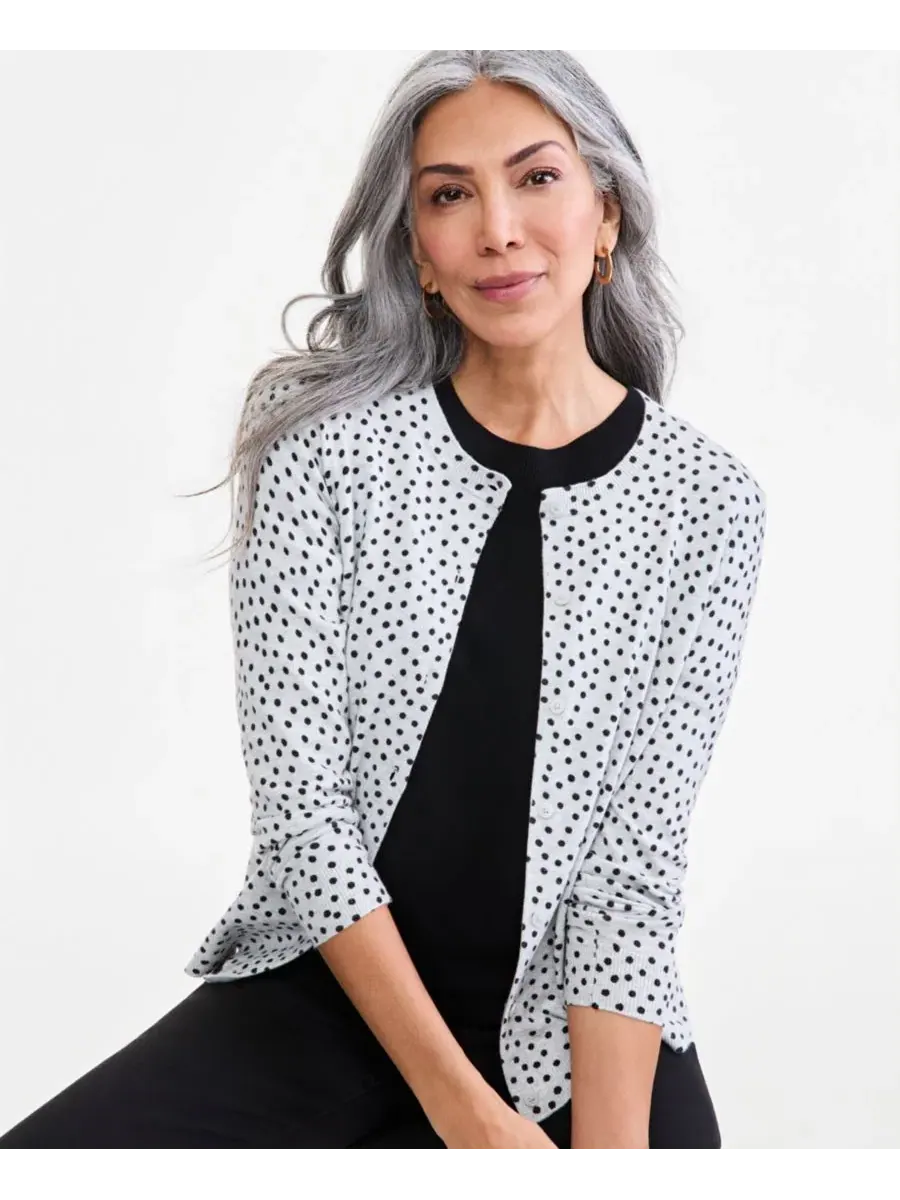 Кардиган с принтом, с круглым вырезом и длинным рукавом Style & Co, Slate Heather Dot — изображение 2 из 4