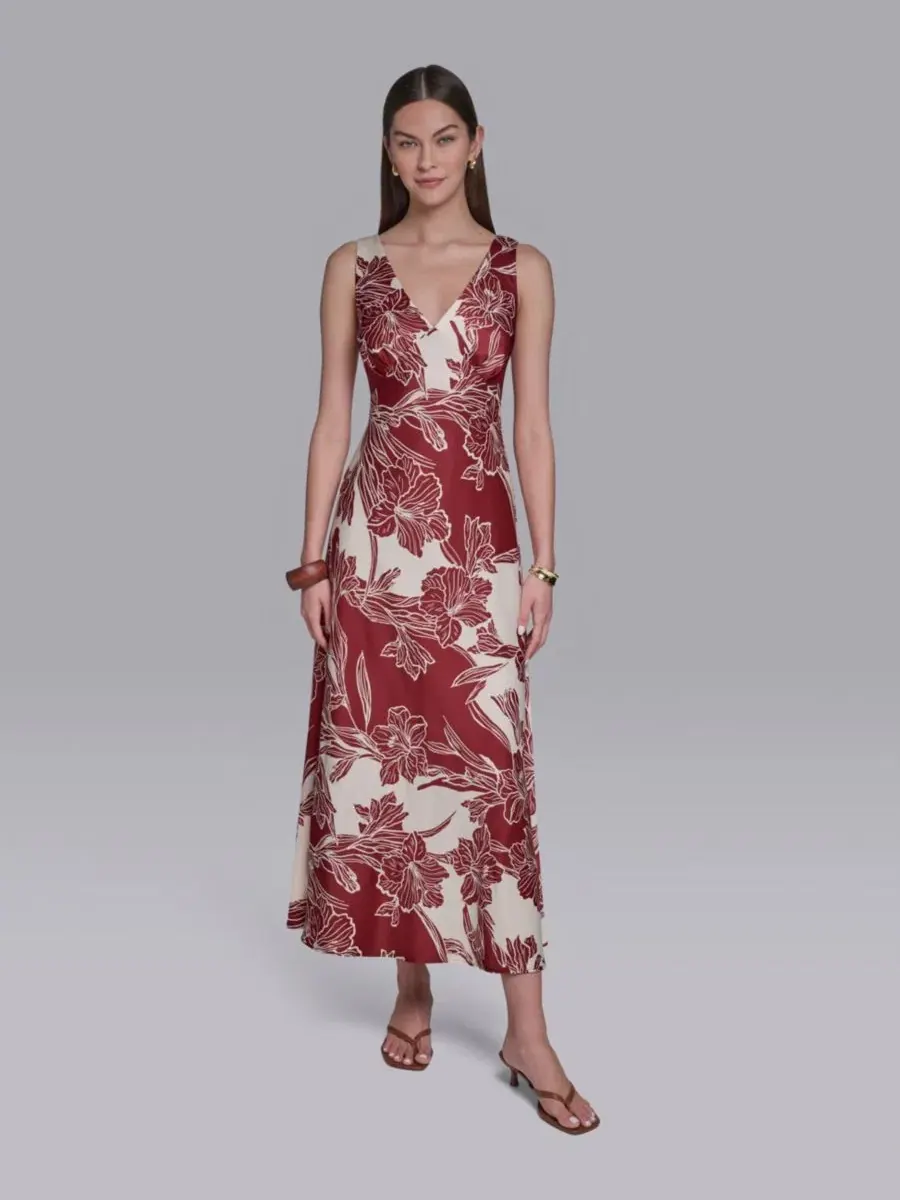 Платье макси без рукавов с принтом Halston, Oxblood Vanilla