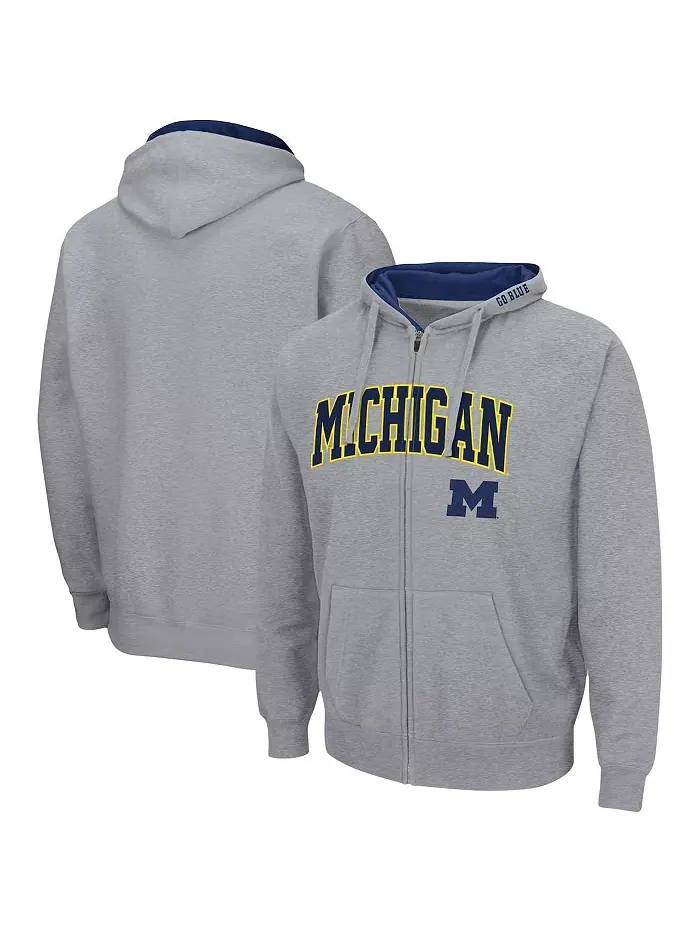 Мужская серая толстовка Michigan Wolverines с арочной надписью и логотипом 3.0 на молнии Colosseum