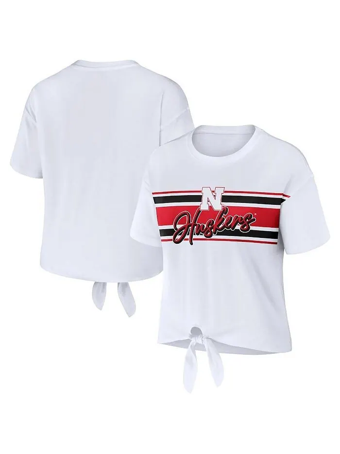 Женская белая укороченная футболка Nebraska Huskers в полоску спереди с узлом WEAR by Erin Andrews — изображение 1 из 3