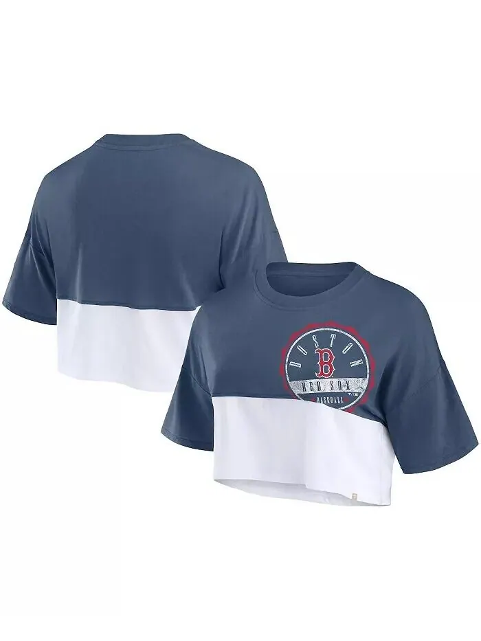 Женская темно-синяя/белая футболка Boston Red Sox Color Split с укороченным кроем Fanatics — изображение 1 из 3