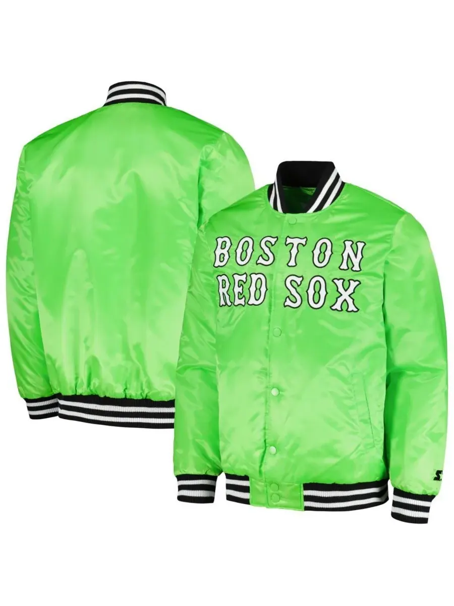 Starter Мужская неоново-зеленая атласная куртка-бомбер Boston Red Sox с крестом Бронкса — изображение 1 из 3
