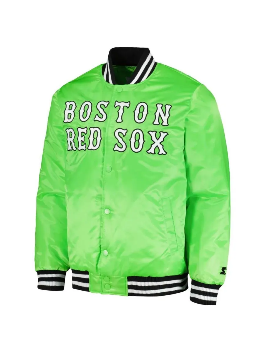 Starter Мужская неоново-зеленая атласная куртка-бомбер Boston Red Sox с крестом Бронкса — изображение 2 из 3