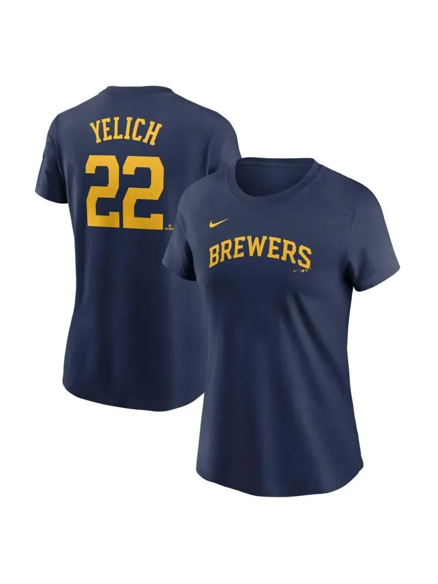 Nike Женская футболка Christian Yelich Navy Milwaukee Brewers Fuse Name Number — изображение 1 из 3, темно-синий
