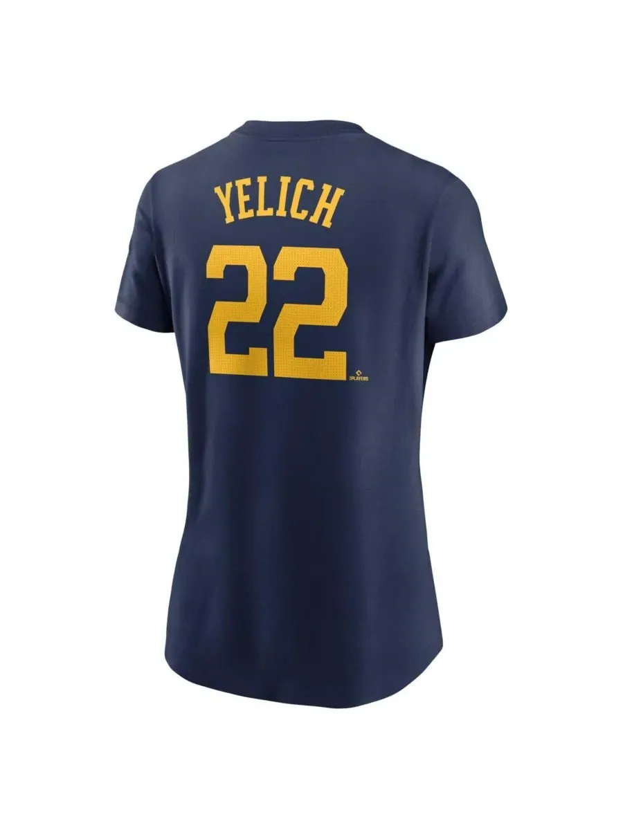 Nike Женская футболка Christian Yelich Navy Milwaukee Brewers Fuse Name Number — изображение 2 из 3, темно-синий