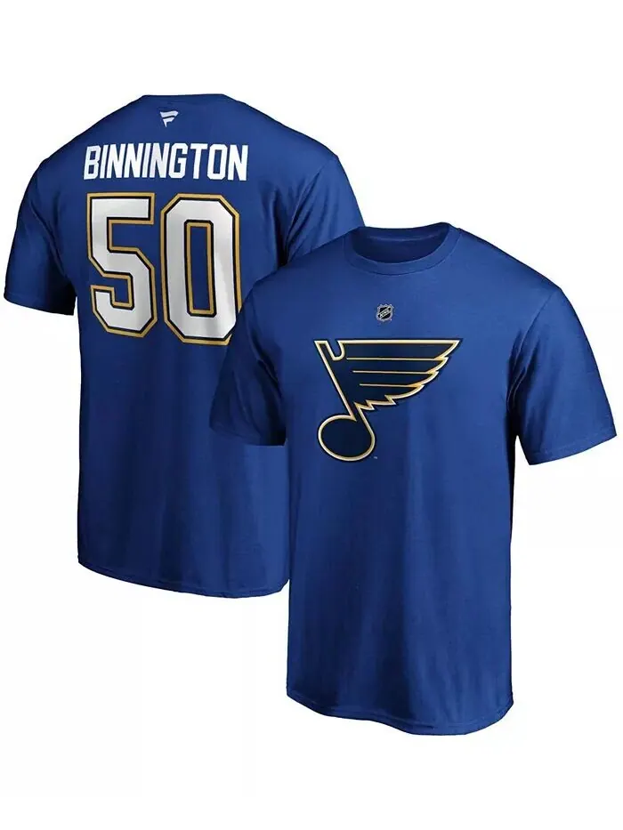 Мужская синяя футболка Fanatics с логотипом Jordan Binnington St. Louis Blues Team с именем и — изображение 1 из 3