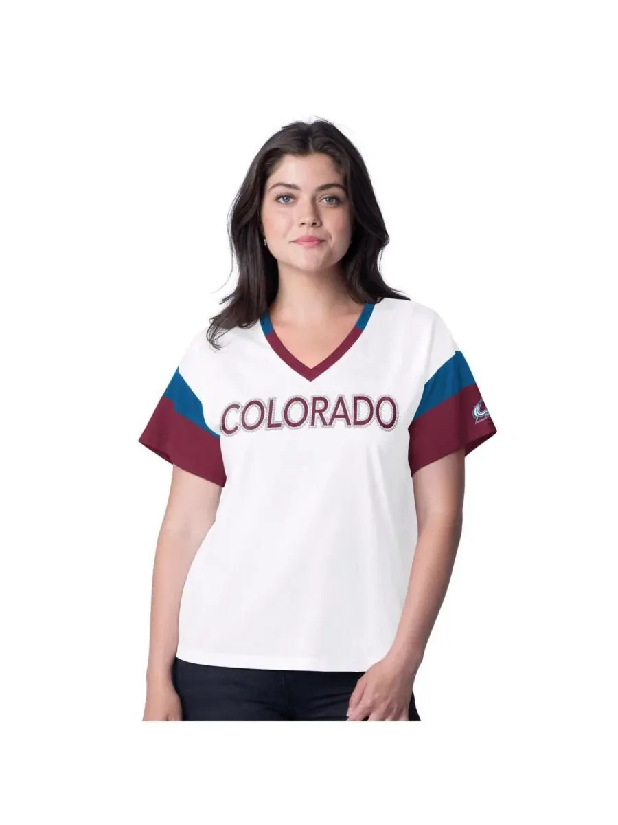 Женская белая футболка Colorado Avalanche Rink с V-образным вырезом и стразами, большого размера — изображение 1 из 2