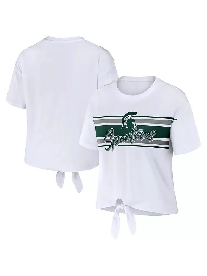 Белая женская укороченная футболка в полоску с узлом спереди Michigan State Spartans Wear By Erin — изображение 1 из 3