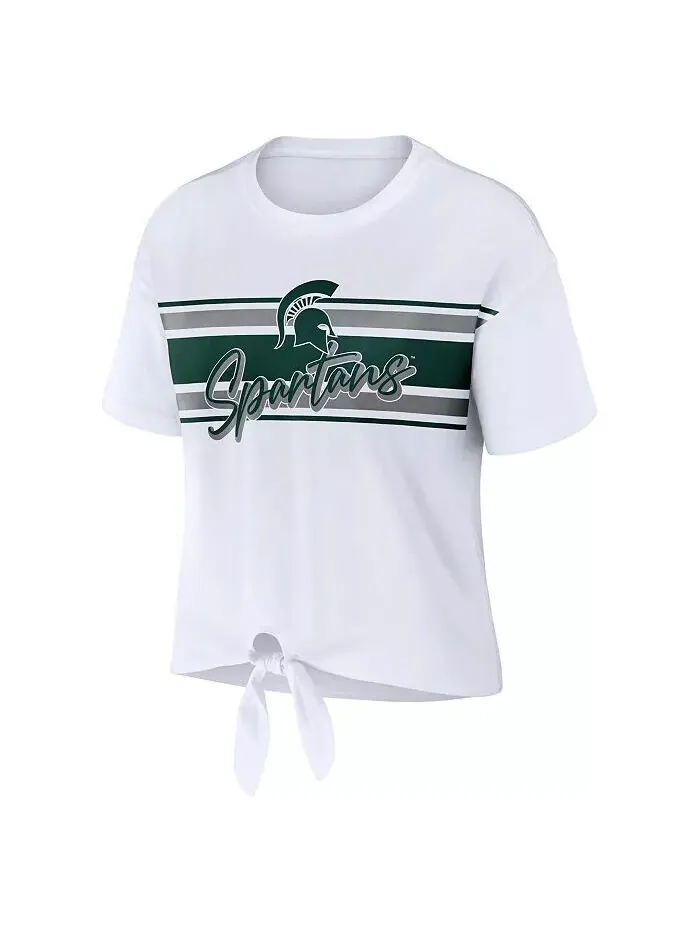 Белая женская укороченная футболка в полоску с узлом спереди Michigan State Spartans Wear By Erin — изображение 2 из 3