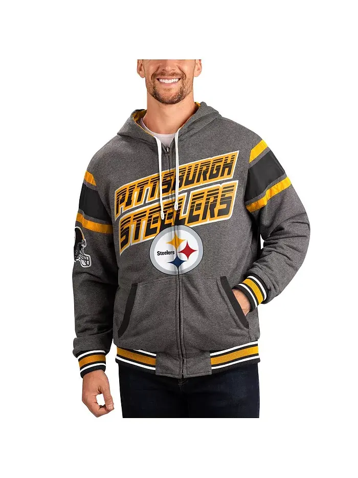 Мужская черно-серая реверсивная худи с полной застежкой-молнией Pittsburgh Steelers Extreme Full