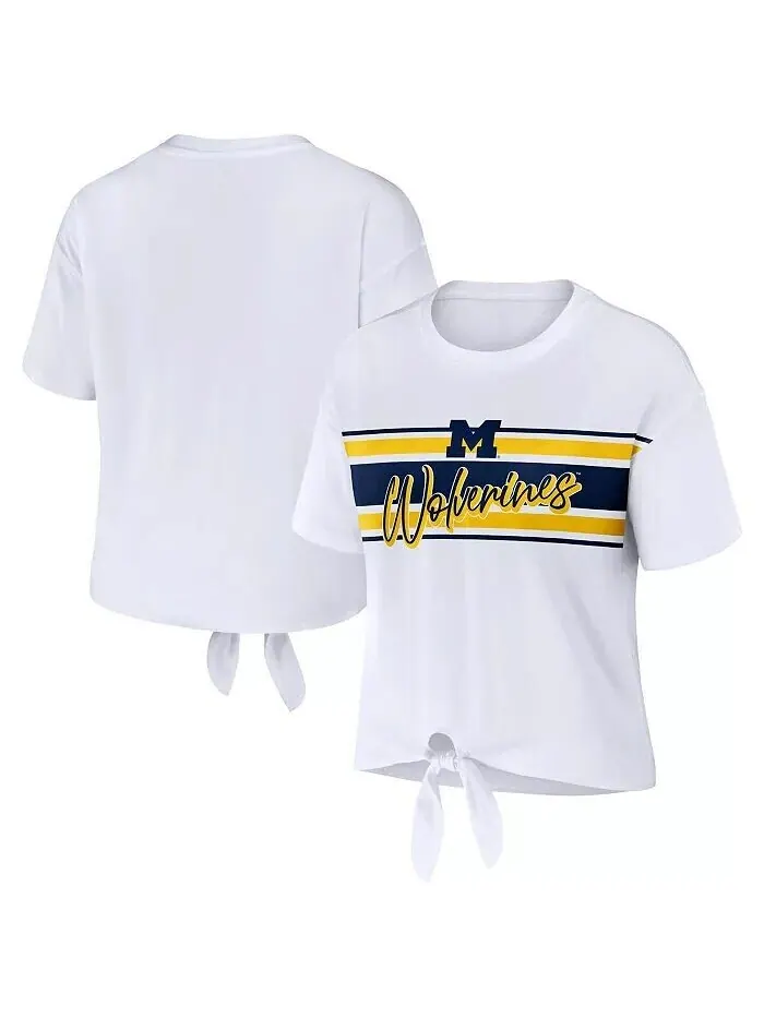 Женская белая укороченная футболка в полоску с узлом спереди Michigan Wolverines Wear By Erin