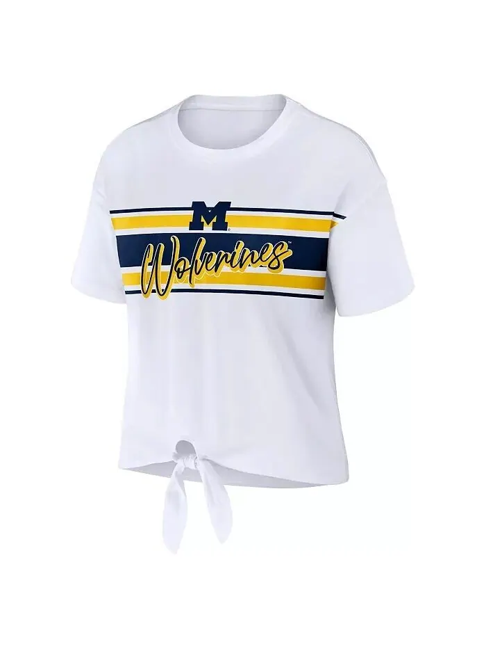 Женская белая укороченная футболка в полоску с узлом спереди Michigan Wolverines Wear By Erin — изображение 3 из 3