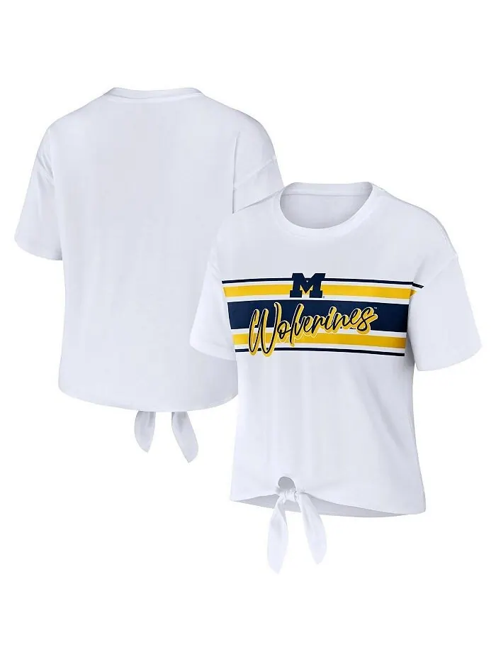 Женская белая укороченная футболка в полоску с узлом спереди Michigan Wolverines WEAR by Erin — изображение 1 из 3, белый