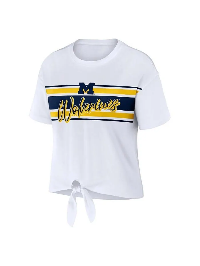 Женская белая укороченная футболка в полоску с узлом спереди Michigan Wolverines WEAR by Erin — изображение 3 из 3, белый