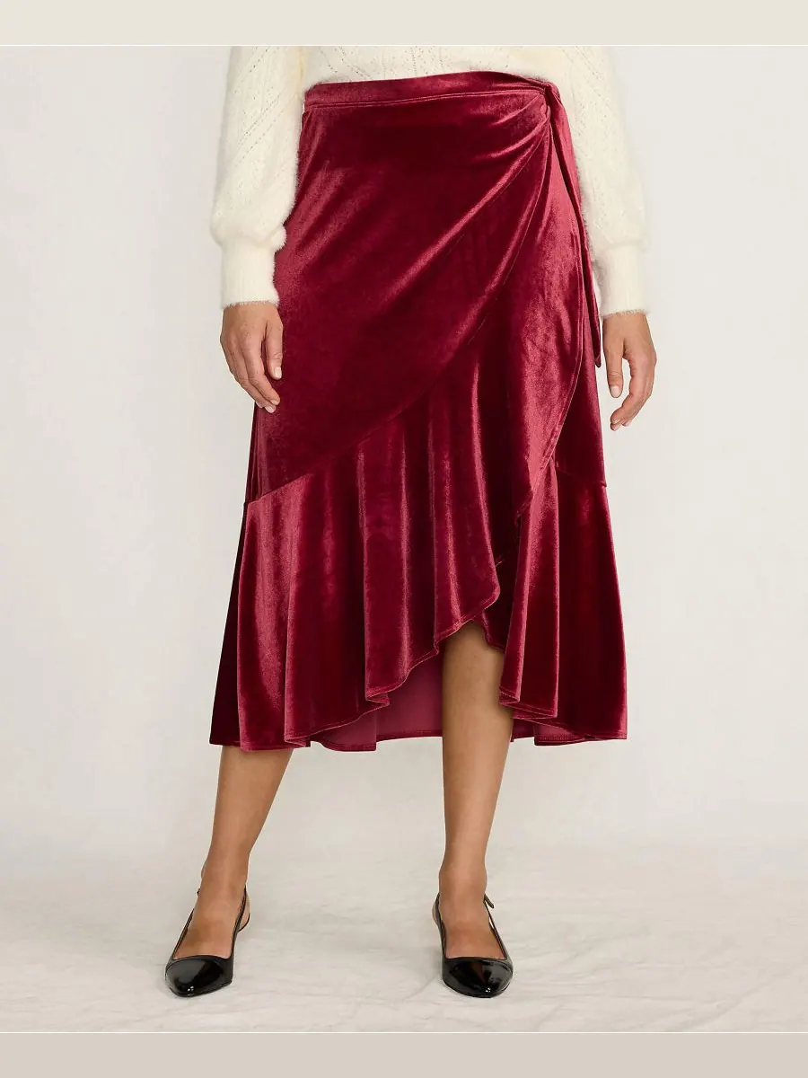 Женская короткая бархатная юбка-миди с запахом Lands' End, Regal garnet — изображение 1 из 4