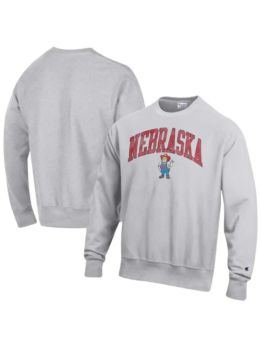 Champion Мужская серая толстовка с круглым вырезом и логотипом Nebraska Huskers с эффектом — изображение 1 из 3, серый