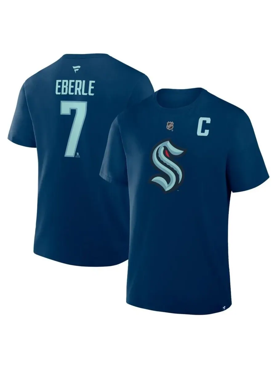 Fanatics Мужская футболка Jordan Eberle Deep Sea Blue Seattle Kraken Authentic Stack с именем и — изображение 1 из 2