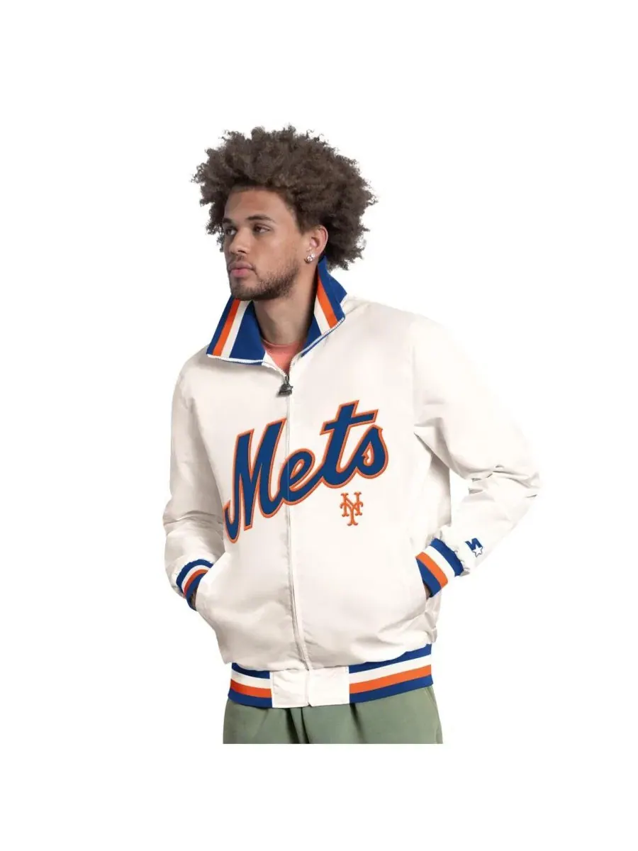 Мужская белая куртка-бомбер на молнии с логотипом команды New York Mets "Капитан Куперстаун" Starter — изображение 1 из 3