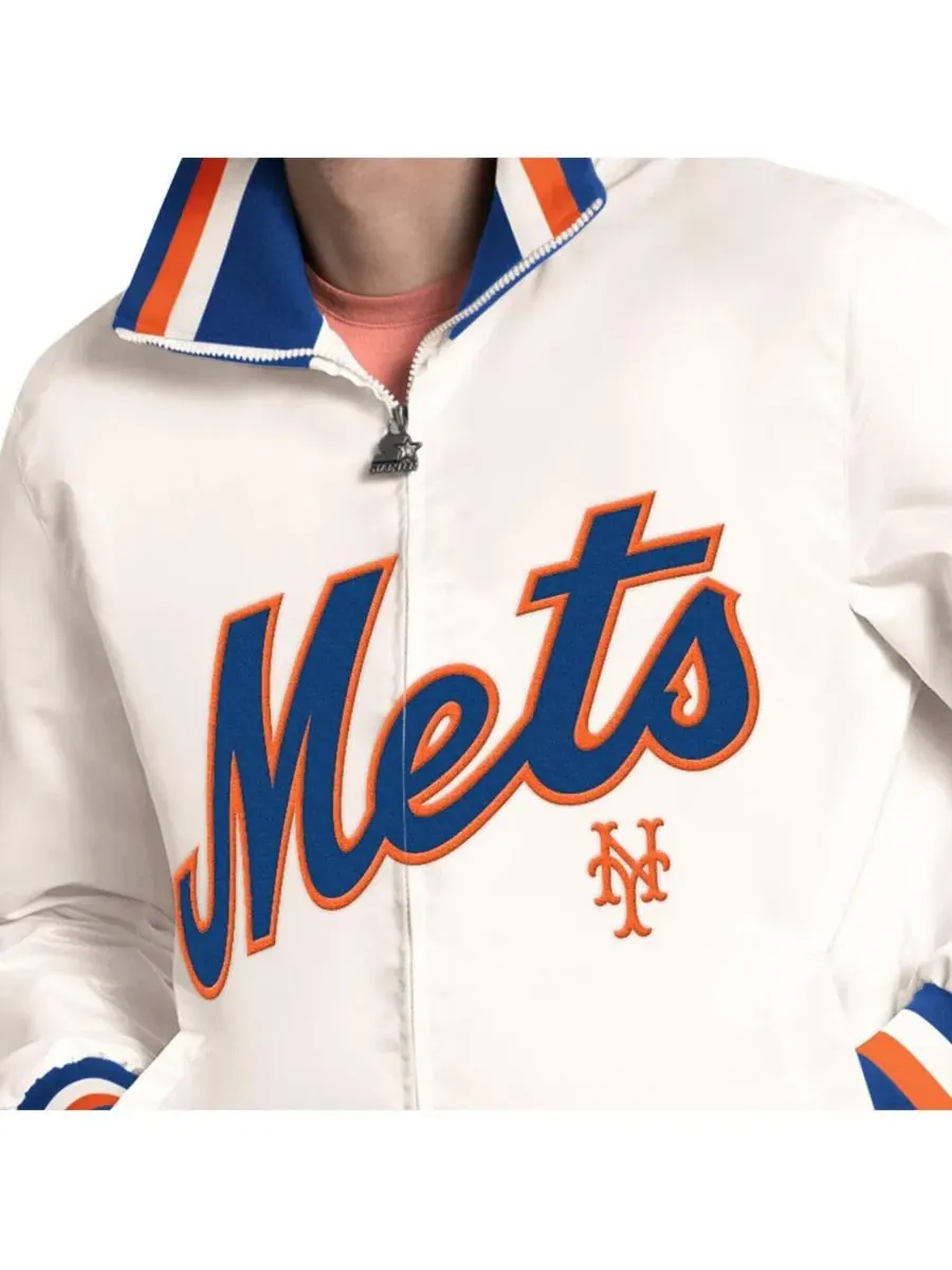 Мужская белая куртка-бомбер на молнии с логотипом команды New York Mets "Капитан Куперстаун" Starter — изображение 3 из 3