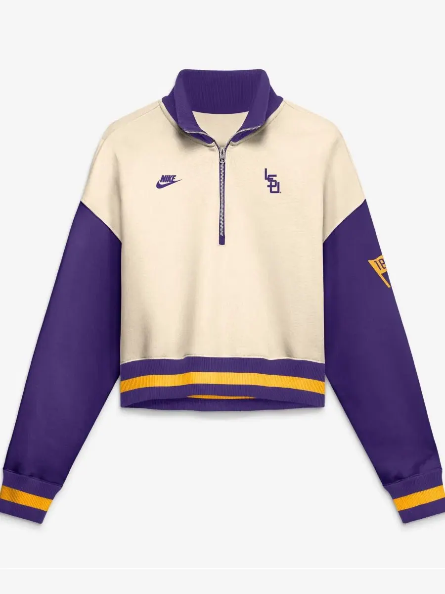 Женский пуловер Nike LSU Tigers с контрастным дизайном, укороченный, с капюшоном — изображение 1 из 2, натуральный фиолетовый