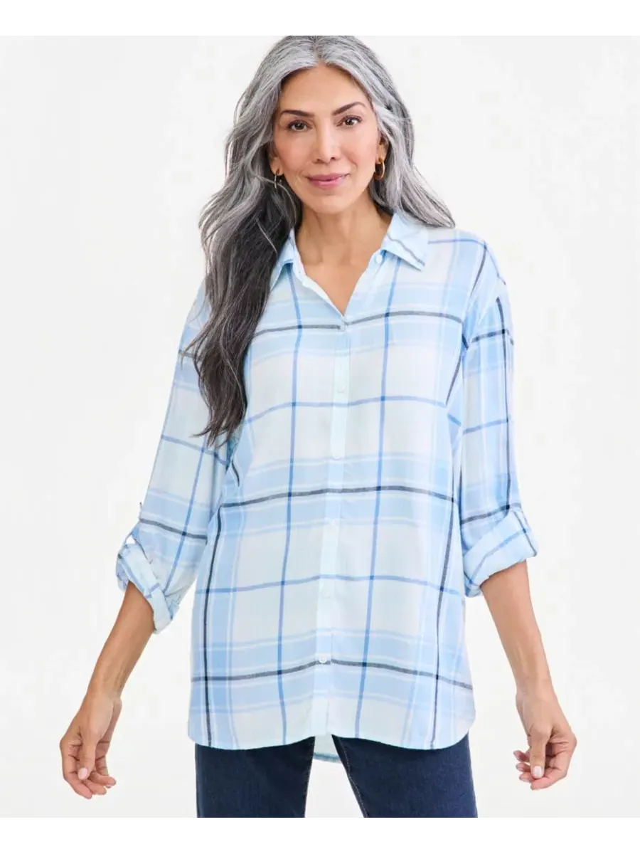 Рубашка с длинным рукавом на пуговицах, модель Plaid Roll-Tab Style & Co, Delicate Peri — изображение 1 из 4