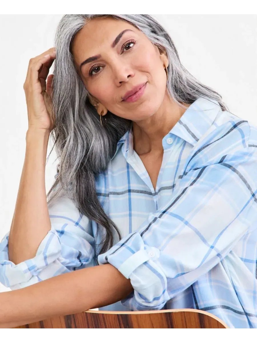 Рубашка с длинным рукавом на пуговицах, модель Plaid Roll-Tab Style & Co, Delicate Peri — изображение 2 из 4