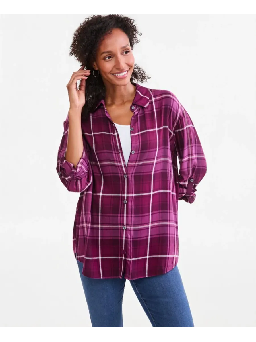 Блузка с длинным рукавом и манжетами на пуговицах, модель Plaid Roll-Tab Style & Co, Delicate