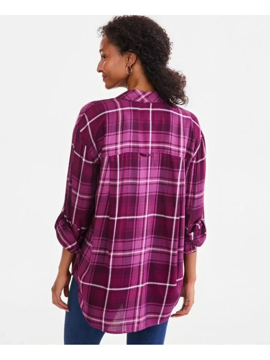 Блузка с длинным рукавом и манжетами на пуговицах, модель Plaid Roll-Tab Style & Co, Delicate — изображение 2 из 3