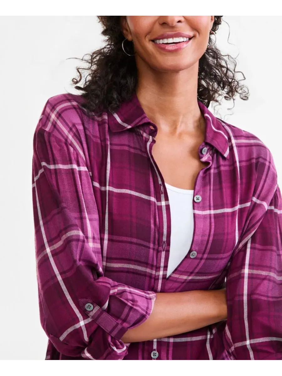 Блузка с длинным рукавом и манжетами на пуговицах, модель Plaid Roll-Tab Style & Co, Delicate — изображение 3 из 3
