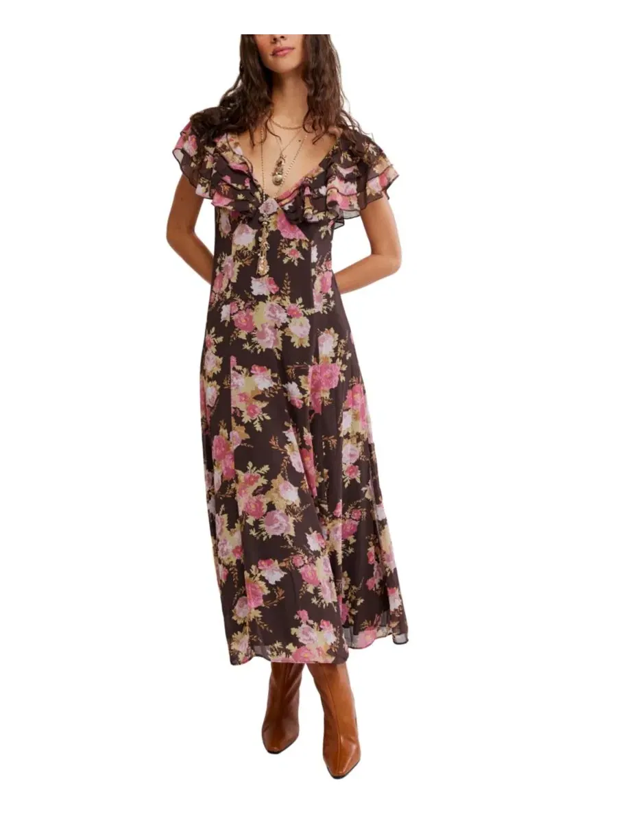 Платье макси с цветочным принтом и коротким рукавом Forsythia Maxi Floral-Print Short-Sleeve V-Neck