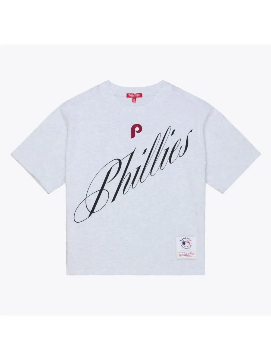 Женская укороченная футболка свободного кроя серого цвета с надписью Philadelphia Phillies Mitchell — изображение 1 из 5