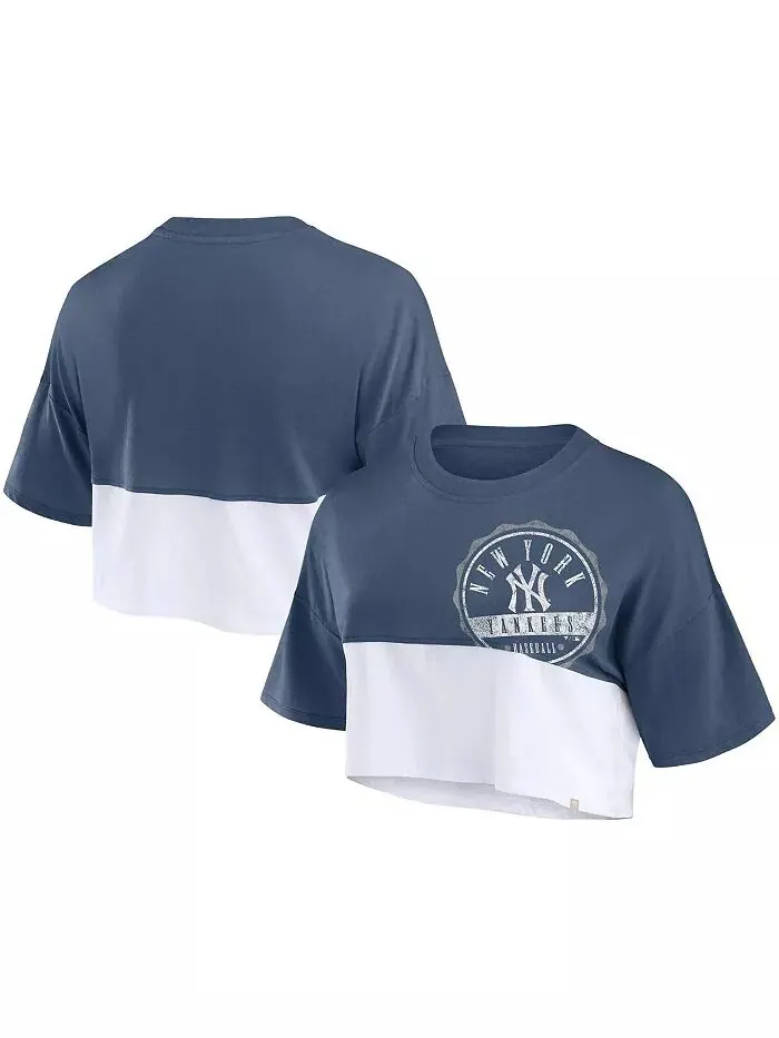 Женская темно-синяя/белая футболка New York Yankees Color Split, свободная, укороченная Fanatics — изображение 1 из 3
