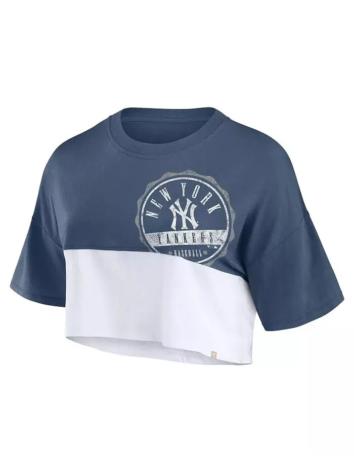 Женская темно-синяя/белая футболка New York Yankees Color Split, свободная, укороченная Fanatics — изображение 3 из 3
