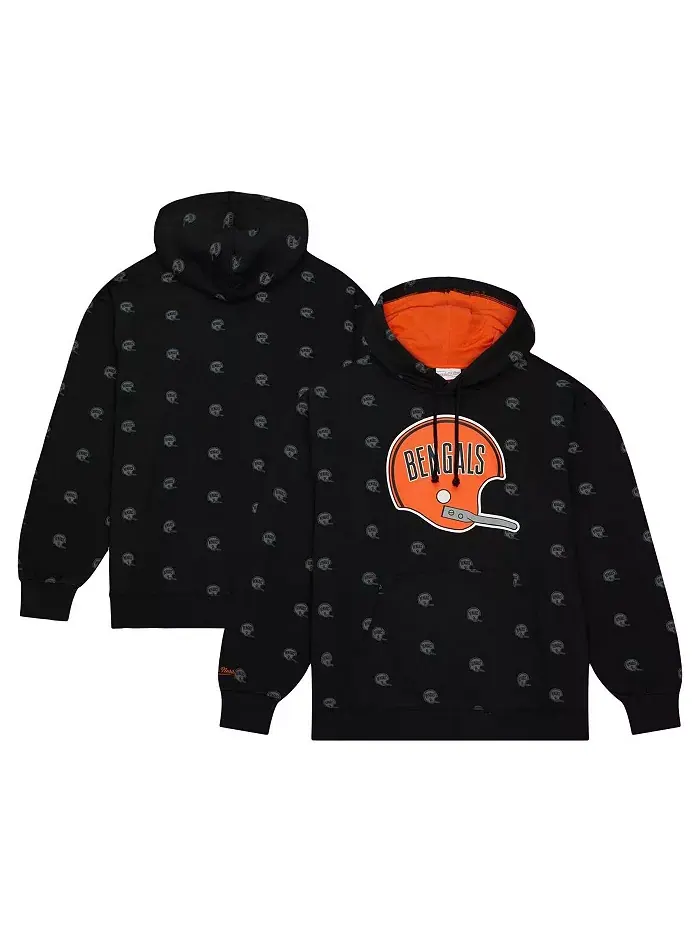 Мужская черная толстовка с капюшоном из флиса с принтом Cincinnati Bengals по всей поверхности — изображение 1 из 4