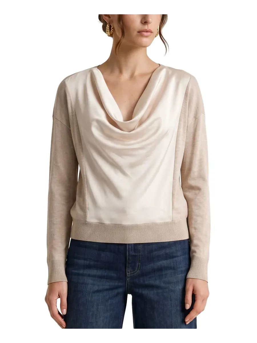 Пуловер с капюшоном из атласа и трикотажа Petite Cowl Neck Long-Sleeve Satin Pullover Liverpool Los — изображение 1 из 3