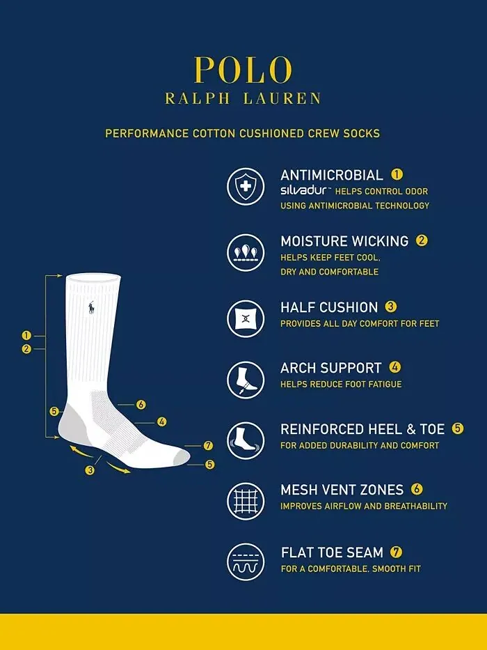 Мужские носки Performance Red Pony Crew, 6 пар Polo Ralph Lauren — изображение 3 из 3