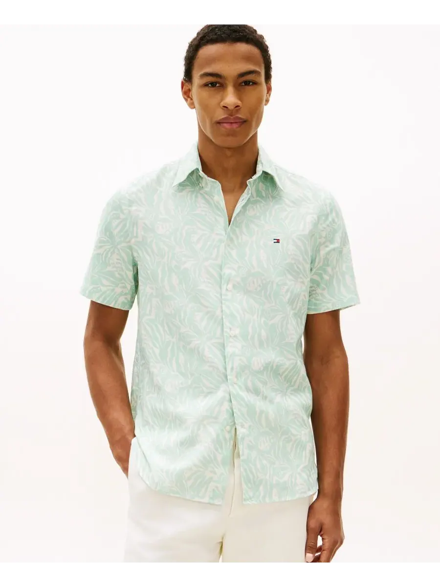 Мужская рубашка с коротким рукавом из льняной смеси с принтом Tommy Hilfiger, Crushed Mint / Allover