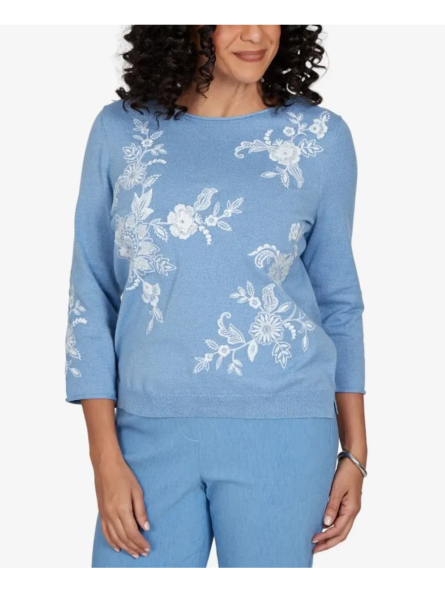 Свитер с цветочной вышивкой Provence Lacey Alfred Dunner, Wdgwood — изображение 2 из 5