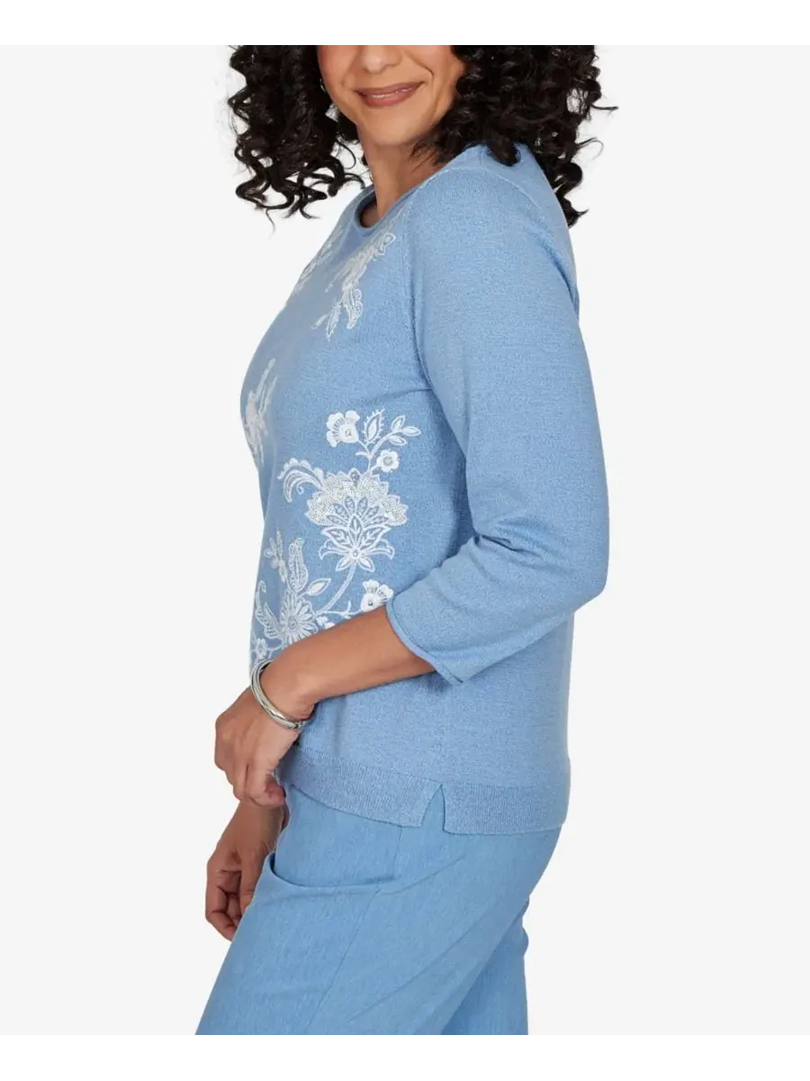 Свитер с цветочной вышивкой Provence Lacey Alfred Dunner, Wdgwood — изображение 3 из 5