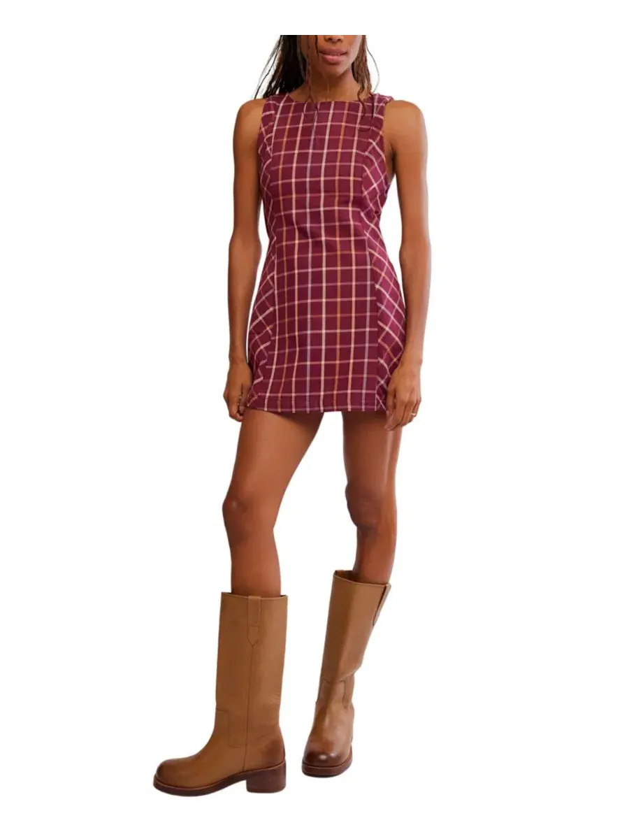 Платье мини с принтом в клетку, модель Atlas Plaid Free People, Cocoa Plum Com — изображение 2 из 5