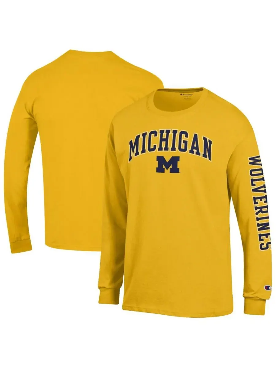 Мужская футболка с длинным рукавом "Maize Michigan Wolverines Arch Over Logo 2-Hit" Champion — изображение 1 из 3, желтый